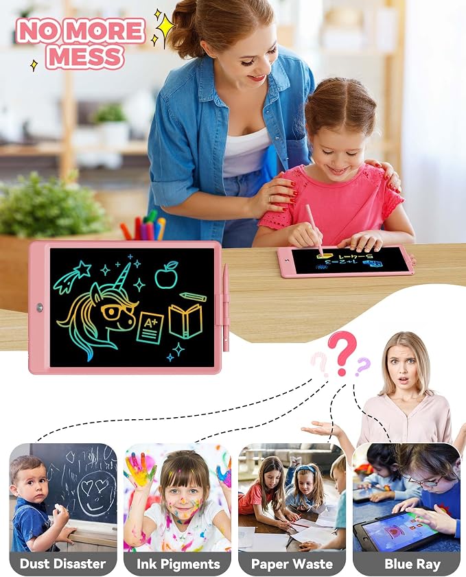 KOKODI 10 Inch LCD Writing Tablet with Anti-Lost Stylus, Erasable Doodle Board Colorful Toddler Drawing Pad, Car Travel School Games Toys for 3 4 5 6 7 8 Kids, Birthday Gift for Girls Boys Pink