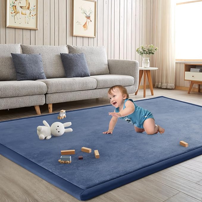 Baby Play Mat for Floor Nursery Rug Muscle Mat Area Rug Playroom Rug 79"x118" Playpen Mat Elastic Foam 1.3" Thick Crawling Mat for Babies,Toddlers, Infants, Kids,Sapphire Blue