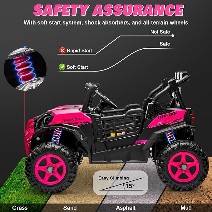 24V 2 Seater Ride on Car for Big Kids, JOYRACER 4x4 Off-Road UTV Toy w/Remote Control, 800W Powerful Motors, 20" Large Seat, 5 Mph Max Speed, Bluetooth, MP3, Lights, Electric Car for Kids, Rosered