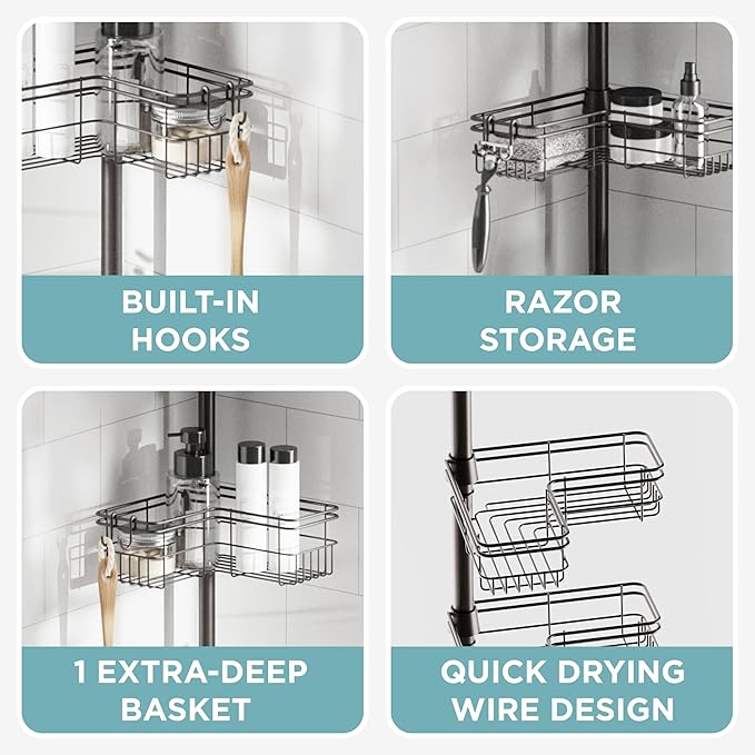 Zenna Home Tension Pole Shower Caddy Corner Organizer, Adjustable Standing Shower Caddy with 4 L-shaped Baskets and Hooks, Rust Resistant Bathroom Tension Rod Organizer, 60 to 97 Inch, Bronze