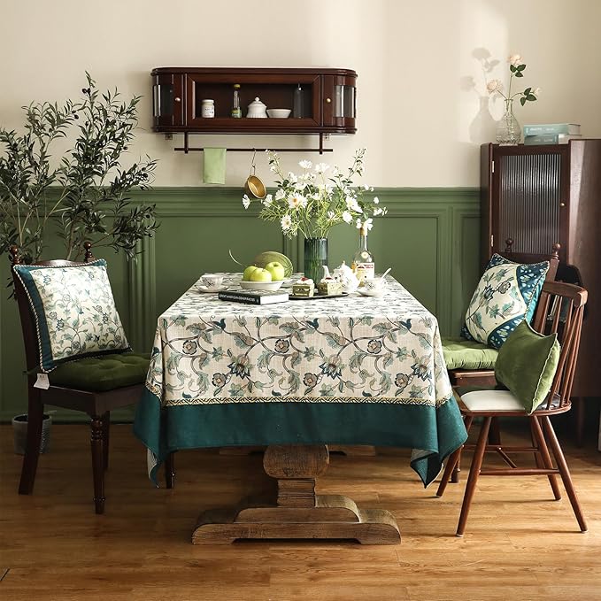 patdrea Designer Green Square Table Cloth,Vintage Floral Linen Durable Breathable French Tablecloth,Dacorative Table Cover for Kitchen Dining,Christmas,Thanksgiving,Tea Party,67"x67"-Noah