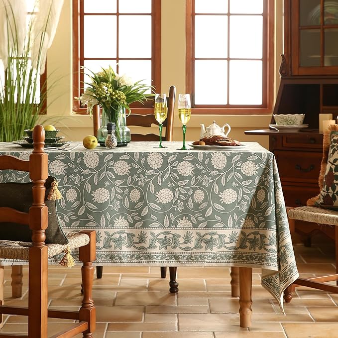 ISAENNE Designer Grayish Green Linen Table Cloth Rectangular,Floral Elegant Stain Resistant Tablecloth,Fall Vintage Decor Tablecloths for Dining Thanksgiving Kitchen Party,55"*87"-Andrew A