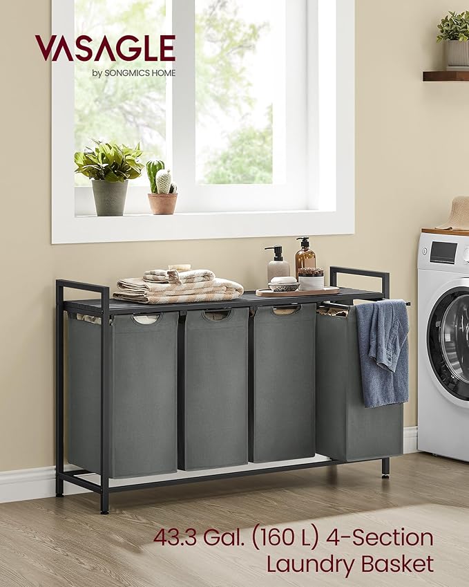 VASAGLE Laundry Hamper, Laundry Basket, Laundry Sorter with 4 Pull-Out and Removable Bags, Shelf, Metal Frame, 4 x 10.6 Gallons (40 L), 45.7 x 13 x 28.4 Inches, Slate Gray and Charcoal Gray UBLH401G01