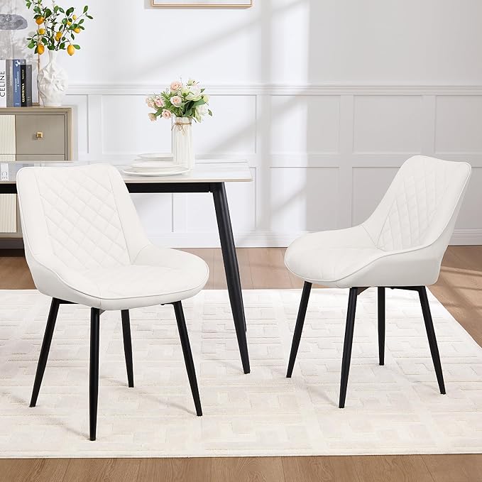 Dining Chair Set of 2, Modern Dining Chairs with Thick Cushions, Faux Leather Upholstered Kitchen Dining Room Chairs with Metal Adjustable Legs for Dining Living Room, White