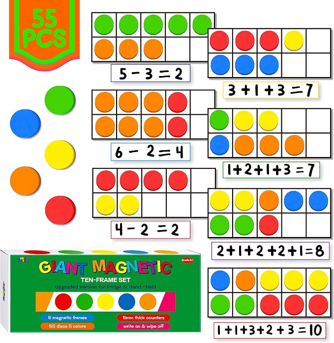 Magnetic Ten-Frame Set, Including 5 Frames (no Hollowed Out) and 55 Colorful Discs (Upgraded Version for Fridge & Hand-held)