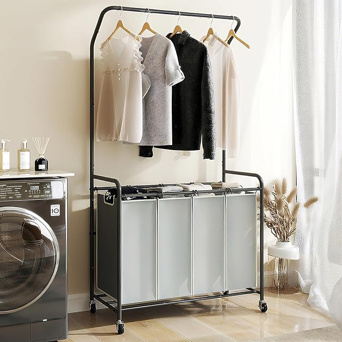 ROMOON Rolling Laundry Basket Organizer with Hanging Clothes Rack: 4 Section Laundry Hamper Sorter with Hanging Bar and Heavy-duty Lockable Wheels - Clothes Rack with Laundry baskets, 2025 Upgrade