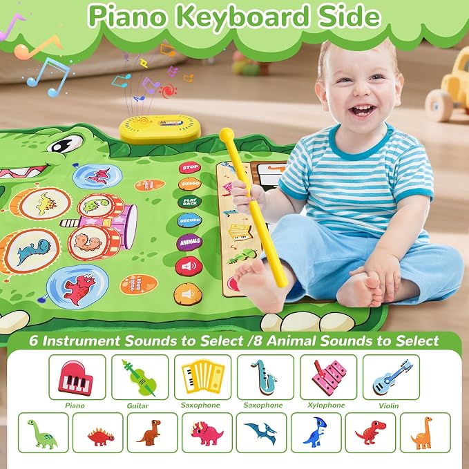 Cyiecw 3-in-1 Dinosaur Musical Mat, Piano Drum Play Mat Gifts for 1 2 3 Year Old Girls, Sensory Early Educational Musical Learning Toys for Baby Boys, Birthday Gift for Toddlers 1-5 Years Old