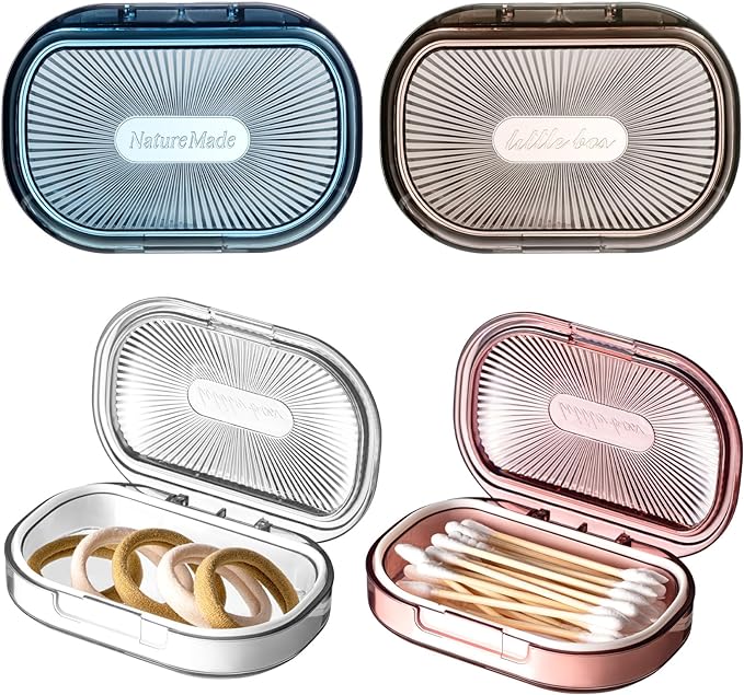 Kigley 4 Pcs Hair Tie Container Small Portable Travel Cotton Swab Holder Dispenser with Lid Plastic Box Storage Containers for Small Items, 3.94 x 2.76 Inch (4 Colors)