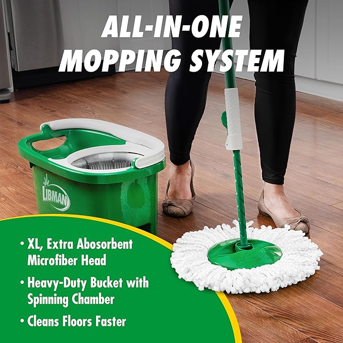 Libman Tornado Spin Mop System and 1 Refill, Mop and Bucket with Wringer Set for Hardwood Floor Cleaning, 2 Total Heads Included