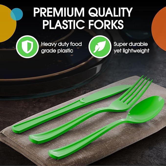 Party Solids Lime Green Plastic Silverware Heavy Duty 150 Pcs Lime Green Plastic Cutlery Sets, Utensil Sets, 50 Of Each Forks, Knives & Spoons Disposable Cutlery Set, Flatware Set For Party Supplies