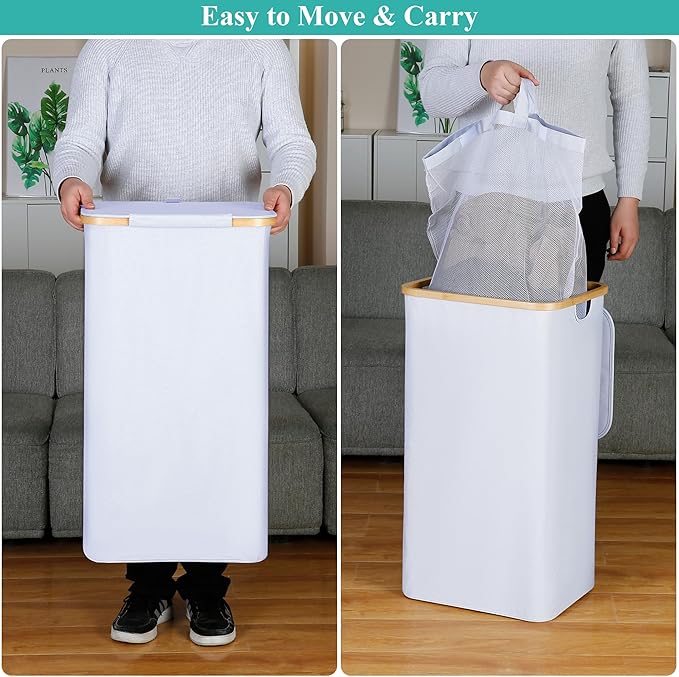 110L Laundry Hamper with Lid，Dirty Clothes Hampers for Laundry,Laundry Basket with Bamboo Handles and Removable Bag,Hamper for Bedroom, Bathroom, Dorm, Laundry Room, White