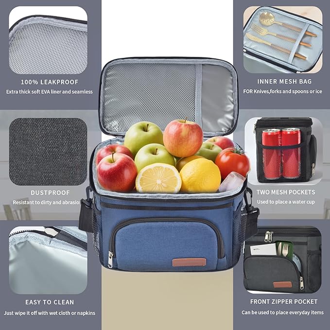 ExtraCharm Insulated Lunch Bag for Women/Men - Reusable Lunch Box for Office Picnic Hiking Beach - Leakproof Cooler Tote Bag Organizer with Adjustable Shoulder Strap for Adults - Blue