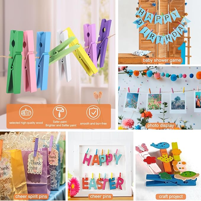 Colored Clothes pins 12 Color, Colorful ClothesPins Wooden Clips for Photos Pictures Decorative Crafts, Decoration clothespins Clothing Hanging clothespins 2.9inch 100PCS (Rainbow Colors)