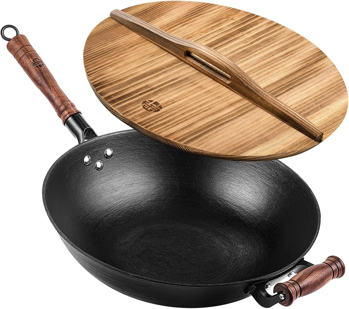 WANGYUANJI 14.2 Inch Cast Iron Wok with Lid – Flat Bottom Chinese Stir Fry Pan, Handcrafted Non-Coated Iron Cookware for Induction, Gas & Electric Stoves, Black