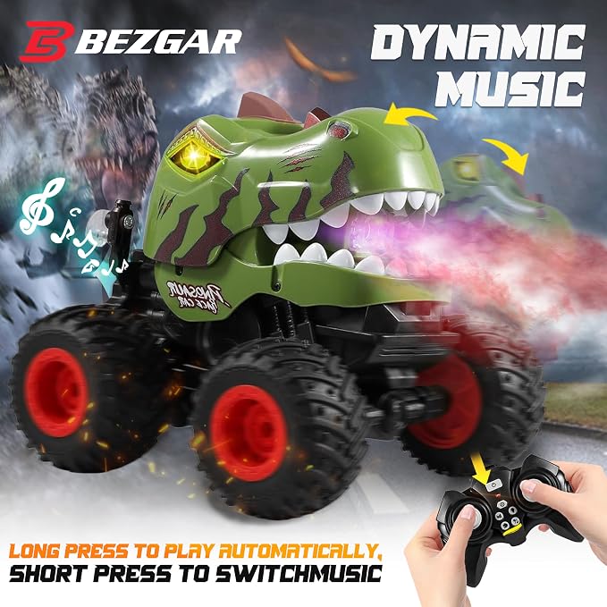 BEZGAR Monster Truck Toys - Remote Control Monster Truck with Spray, Light, Music, Dinosaur Toys for Kids, 1:20 Scale RC Truck with 360° Spins and Drifting, Remote Control Car for Boys 4-7 Camo Green