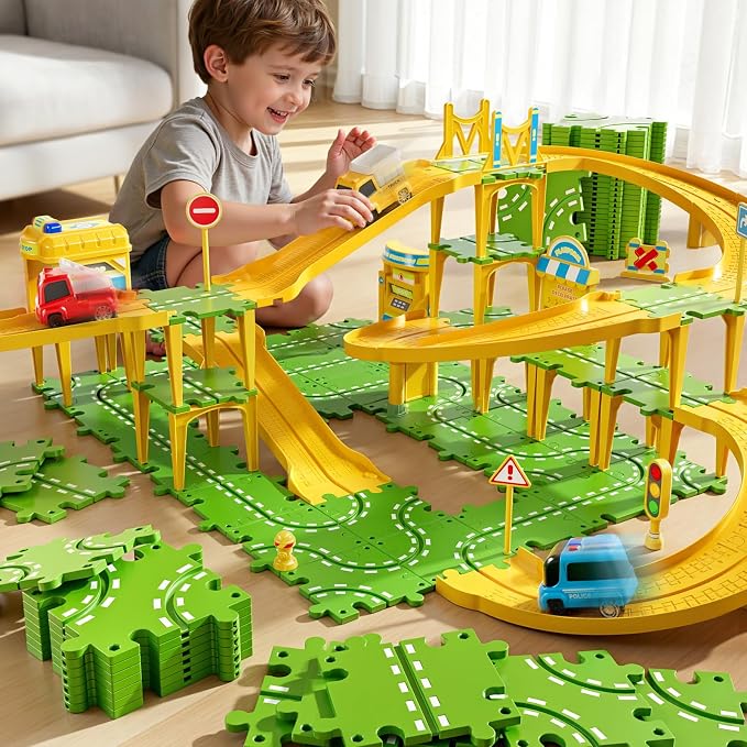 4-Tier Large Puzzle Race Car Track Set for Kids 3-5, Puzzle Tracks Car Play Set, Race Tracks Toys for Toddler Boys 3 4 5 6 Year Old, Birthday Gifts for Kids 3 4 5 6 7 8 Year Old Boys Girls