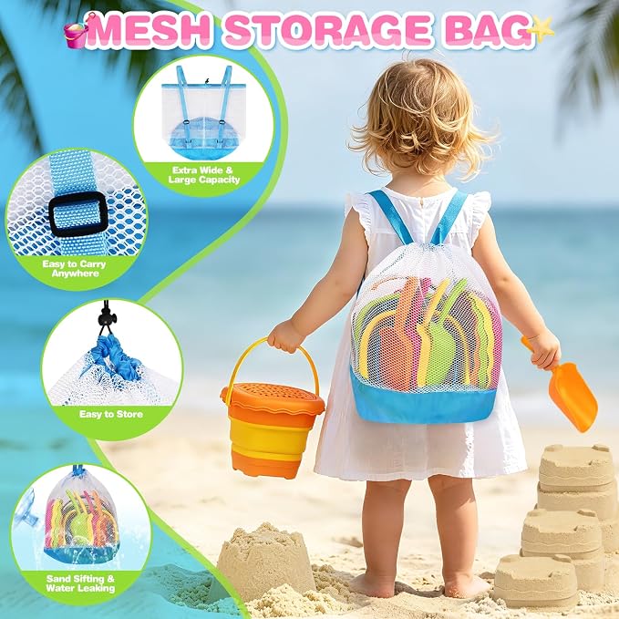 SpringFlower Beach Toys for Kids,Sand Toys for Toddlers with Collapsible Beach Buckets & Shovels Set,Travel Sandbox Toys for Toddlers Gifts Boys Girls Summer Outdoor Toys