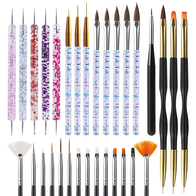 Artdone 31pcs Nail Art Brushes, Nail Art Tool Set, Dotting Tools, Dust Brush,Striping Brushes for Long Lines, Drawing Pen For Gel Polish Design supply