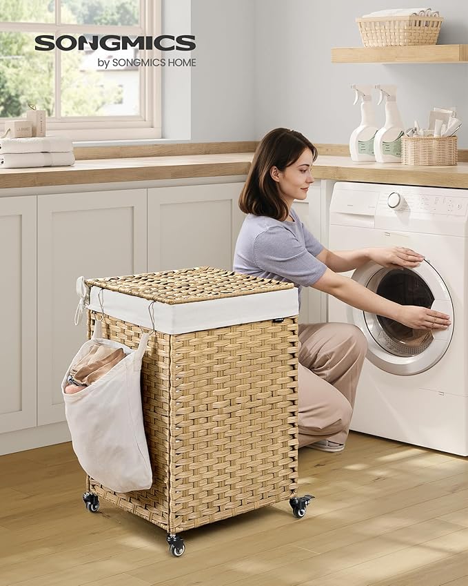 SONGMICS Laundry Hamper with Lid, 31.7 Gallons (120 L), Rolling Laundry Basket with Wheels, Synthetic Rattan, Removable Liner, Bedroom, 18.1 x 15.7 x 26 Inches, Natural Color ULCB161Y01
