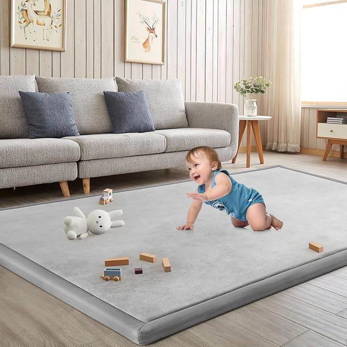 Baby Play Mat for Floor Nursery Rug Muscle Mat Area Rug Playroom Rug 59"x59" Playpen Mat Elastic Foam 1.3" Thick Crawling Mat for Babies,Toddlers, Infants, Kids,A Light Gray