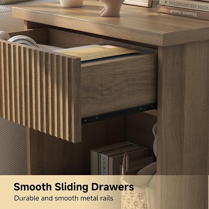Fluted Nightstand Set of 2, 22.8" Wide Nightstands with Drawer Storage Large Wood BedsideTable Night Stands for Bedroom, Natural Oak