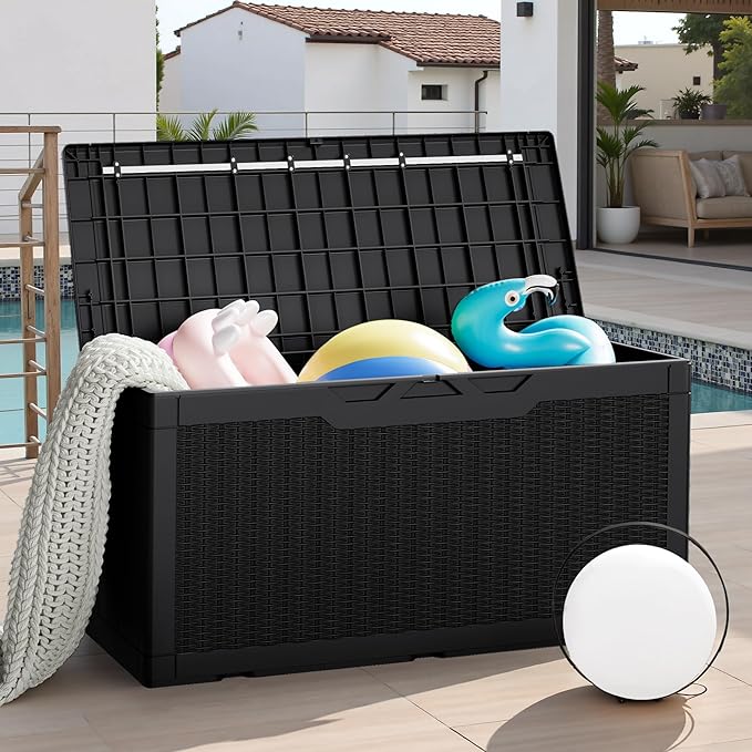 JUMMICO 100 Gallon Resin Deck Box with Cushion, Waterproof Outdoor Storage Box with Lockable Lid for Garden Tools, Patio Cushions (Black)