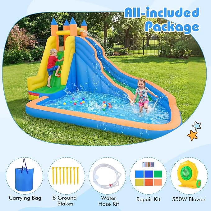 Costzon Inflatable Water Slide, Giant Bouncy Waterslide Park for Kids Backyard Outdoor Fun w/ 680w Blower, Climbing Wall, Splash Pool, 2-pcs, Blow up Water Slides Inflatables for Kids Party Gift