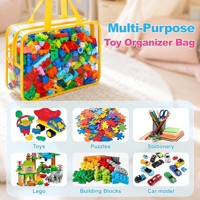 6 Pack Clear Toy Storage Bags with Zippers, Multi-Color Toy Organizer with Handles, Premium Plastic Toy Organizers and Storage for Building Blocks, Lego, puzzle, Crafts, Travel Essentials