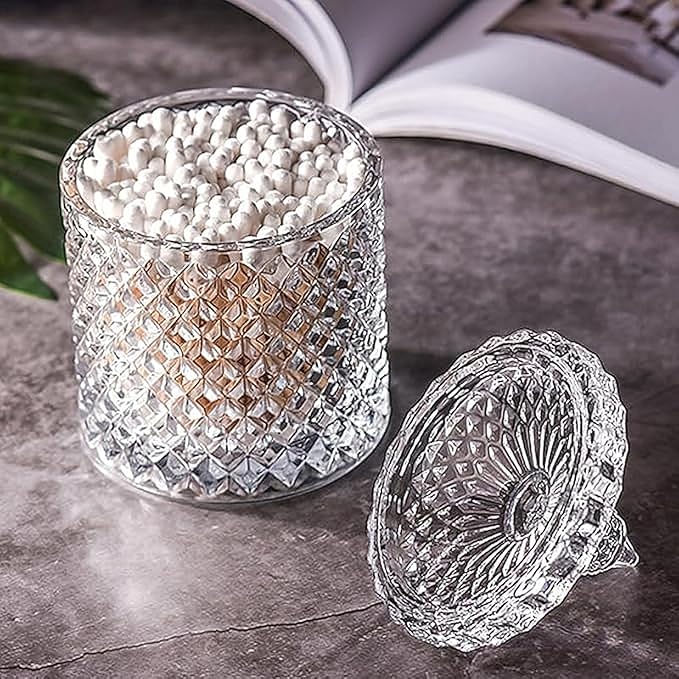 Qtip holder for bathroom,Cotton swab holder,Floss-Small Clear Glass Canister Apothecary Jar,Qtips dispenser,pad container Round Pads tips swabs ball,Qttip Jar,Qt tip holde,candy