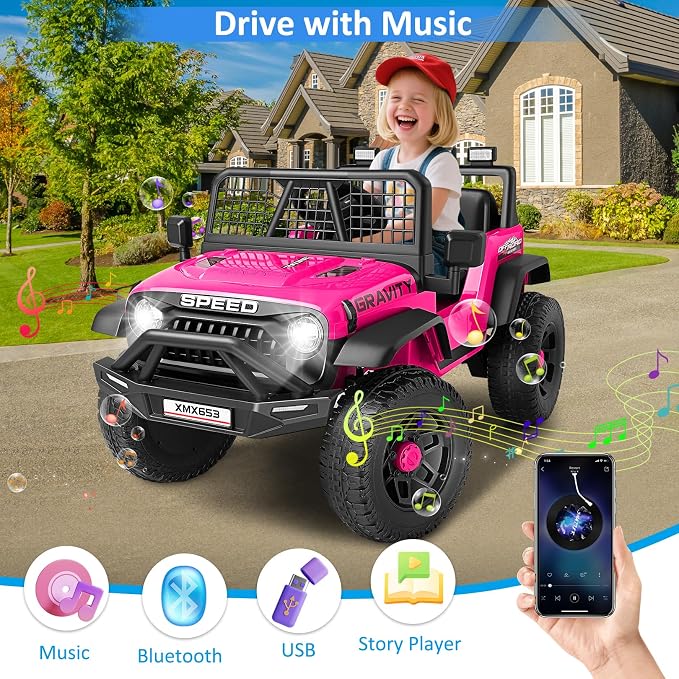 Hikole 24V Electric Car for Kids Ages 4-8 w/Parent Remote, Battery Powered Truck Toys for Toddler Boys Girls, Spring Suspension, Safety Belt, Music Player, 3 Speeds, Bright LED Light, Pink