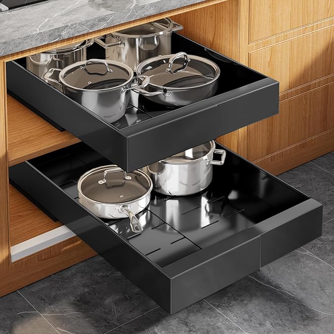 2 Pack Expandable Pull Out Cabinet Organizer 21" Deep with Raising Pad for Framed Cabinets,Upgrade 3 Slide Rails Slide Out Drawers,Roll Out Shelves Adhesive,Adjustable Width 9"-14.1" Black