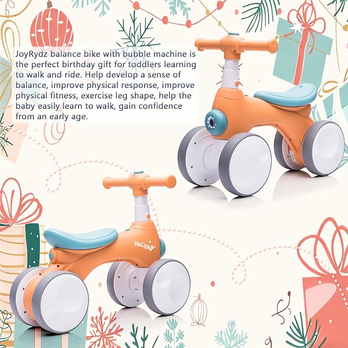 Baby Balance Bike 1 Year Old with Music, Lights, Bubble Machine, 4 Wheels Pedal-Less Toddler Ride on Toys for 12-36 Months Birthday Gift, Toddler boy Toys（Orange&Green）