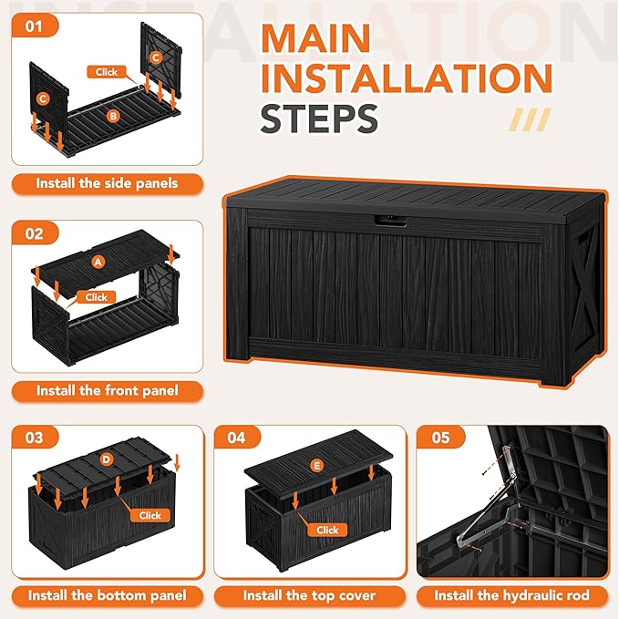 130 Gallon Deck Box Outdoor Indoor Waterproof Storage Box for Patio Furniture, Pool Accessories, Garden Tools, and Cushion Storage, Black