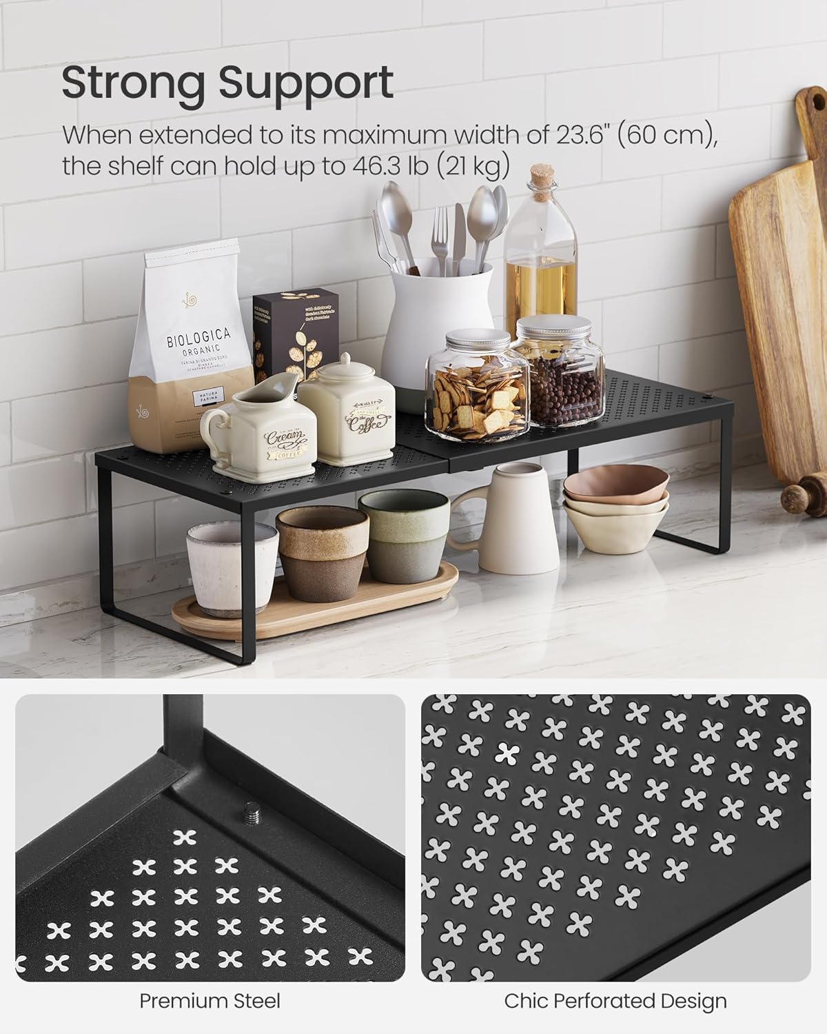SONGMICS Expandable Pantry Kitchen Organizers, Adjustable Spice Rack, Stackable Cabinet Organizers, Metal, Space-Saving Tabletop Shelves, Matte Black UKCS007B01