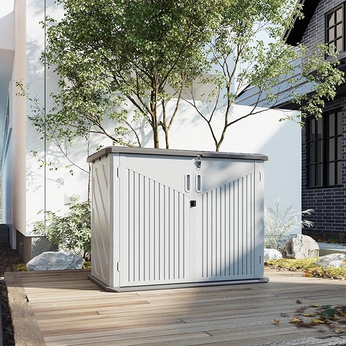Aoxun 35 Cu.Ft Outdoor Storage Shed, Waterproof Horizontal Resin Cabinet for Trash Cans, Lawn Mowers, Generators, and Garden Tools, White