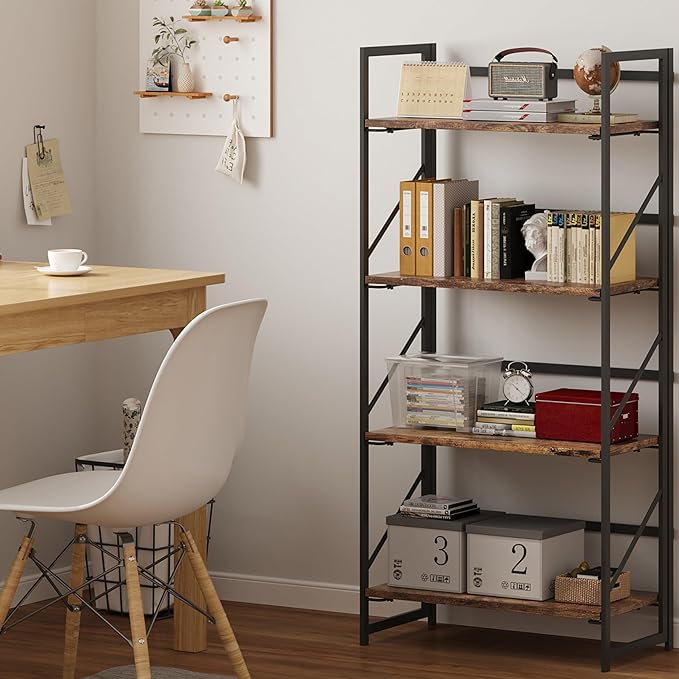 JSB No Assembly Folding Bookshelf, 4 Tier Industrial Metal Book Shelf for Storage, Vintage Wood Foldable Bookcase for Living Room, Bedroom, Office Organization Shelves