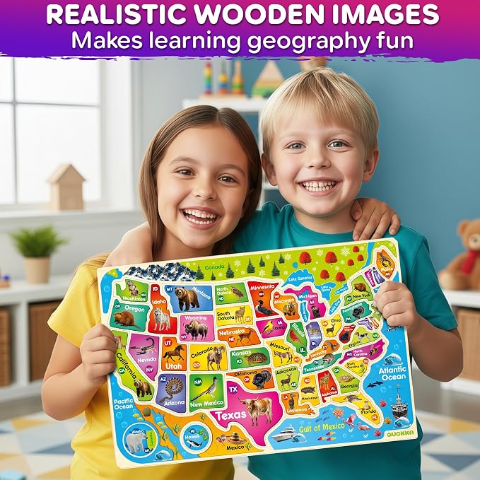QUOKKA Wooden Puzzles for Kids Ages 4-6 - 2 Realistic USA and World Map Puzzles for Kids Ages 3-5 - Montessori Wood Educational Toys for Toddlers 2-4 Years Old - Geography Learning Games for 6-8 yo