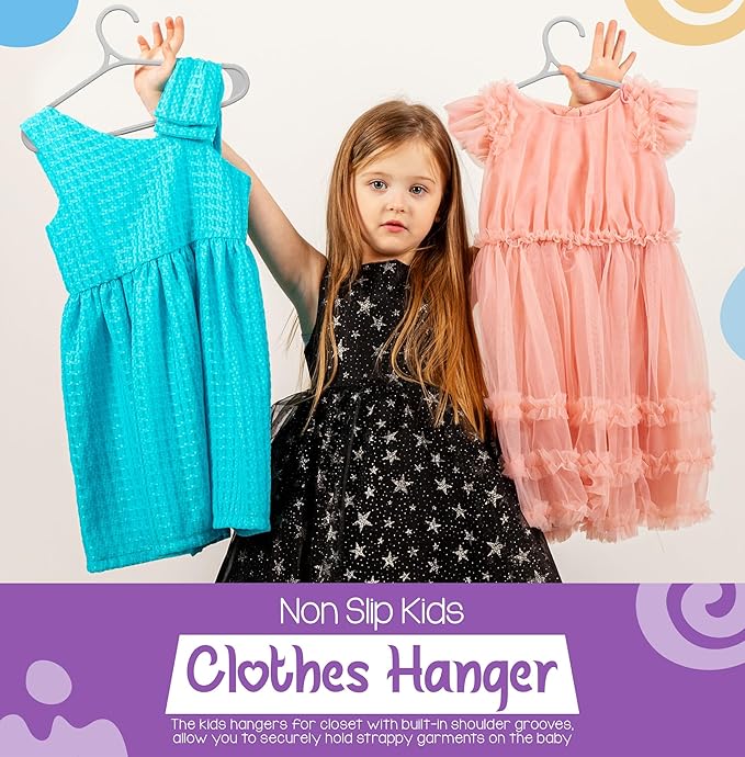 Utopia Home Kids Hangers 20 Pack - 11 Inch Plastic Baby Hangers for Closet - Childrens Hanger for Clothes & Infant Hanger for Closet - Non-Slip Shoulder Grooves, Strap Hooks & Pants Bar (Grey)