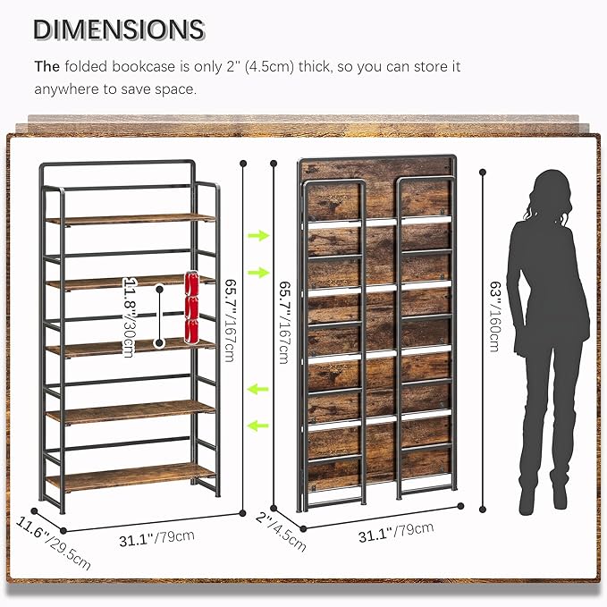 4NM No Assembly Extra Wide 5 Tiers Folding Bookshelf Storage Shelves Vintage Bookcase Standing Racks Study Organizer Home Office (Rustic Brown Black)