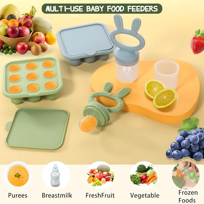 Baby Breastmilk Popsicle Molds & Baby Fruit Feeder (3 Pack), Baby Food Freezer Tray Storage Containers, Silicone Teething Pacifier Feeder and Teether for Babies,Baby Feeder - Green