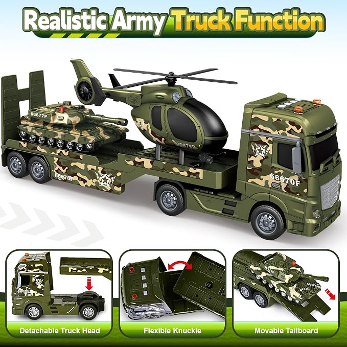 SpringFlower Toddler Boy Toys, 3 in 1 Large Army Truck Toy with Helicoper and Tank, Military Transport Truck Toy, Christmas Birthday Gifts for Kids 3 4 5 6 Years Old