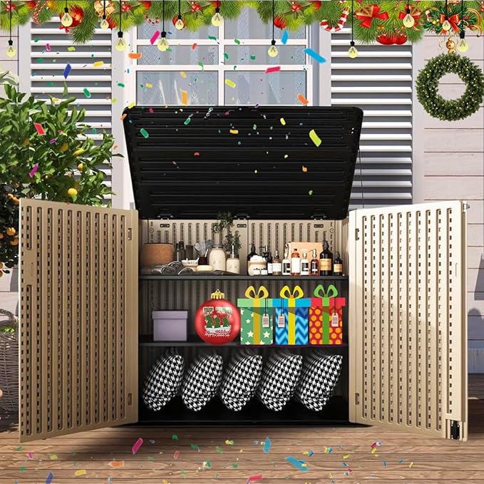 ZZM Large Outdoor Storage Shed, 48 Cu Ft Resin Versatile Storage Cabinet for Patio Accessories, Trash Cans & Garden Tools, Durable Horizontal Storage Box with Lockable Lid (Coffee)