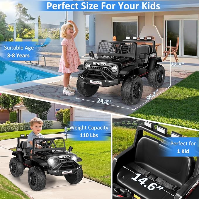 Hikole 24V Kids Ride on Car with Parent Remote Control, Electric Truck Car Toys for Toddler Boys Girls Ages 3-8, Spring Suspension, Safety Belt, Music Player, 3 Gear Shift, LED Light, Black