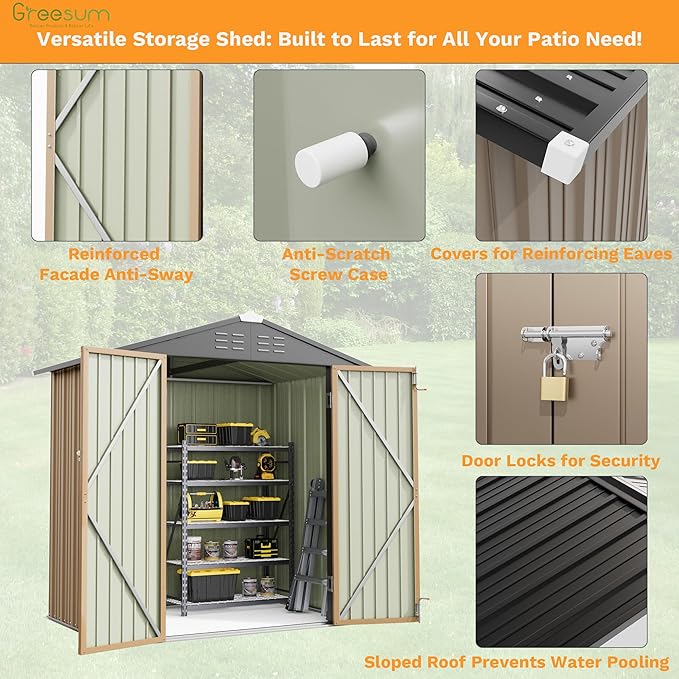 Greesum 6x4FT Outdoor Storage Shed, Utility Tool Shed Metal Storage Garden Shed with Door & Lock for Patio Storage, Brown
