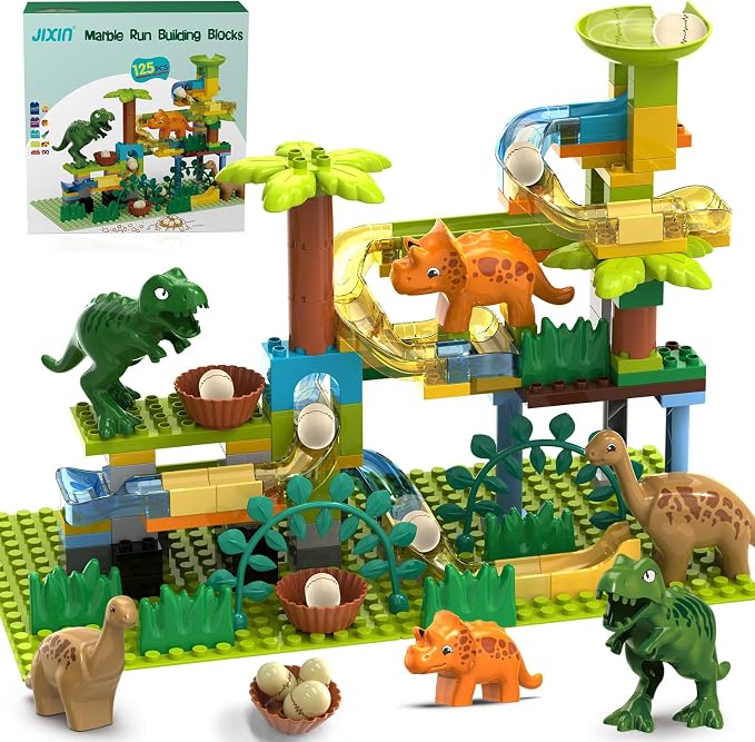 JIXIn Dinosaur Marble Runs for Kids 4-8 - Building Blocks Compatible with DUPLO Lego Sets - 125 PCS Classic Big Blocks for Toddlers Ages 3-5 - Montessori Learning STEM Toys