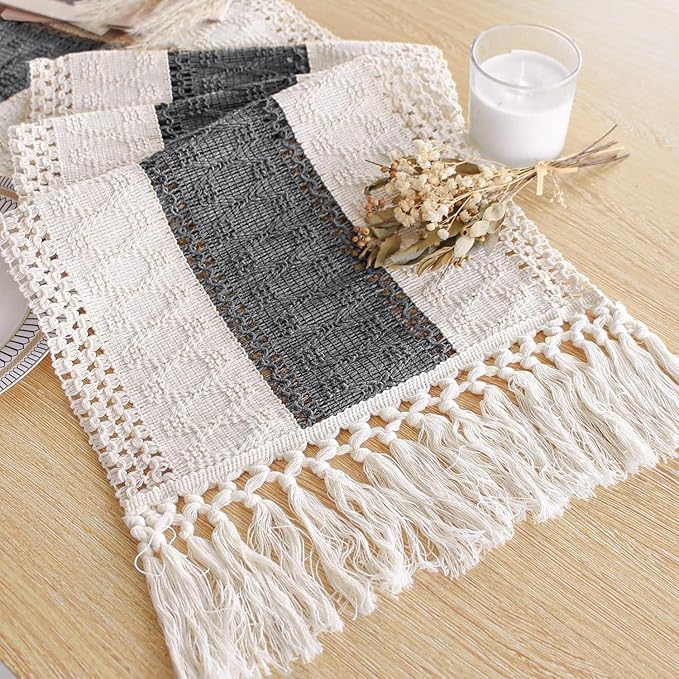 FEXIA Boho Table Runner for Home Decor with Tassels 108 Inches Long,Grey Farmhouse Rustic Table Runner Macrame Burlap Table Decoration for Living Room Bridal Shower(12x108 Inches)