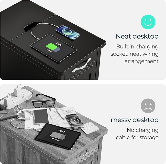 LINSY HOME Farmhouse End Table with Charging Station, Narrow Side Table for Living Room, Sofa Side Table with Drawer and Storage Cabinet, Small Nightstand for Home Office