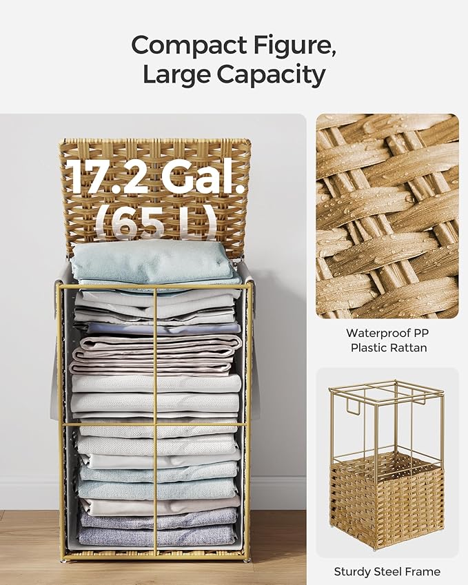 SONGMICS Laundry Hamper with Lid, 17.2 Gallon (65 L) Synthetic Rattan Clothes Laundry Basket with Lid and Handles, Foldable, Removable Liner, Goose Yellow ULCB165N01