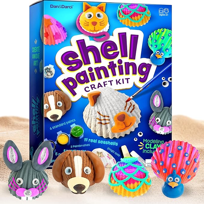 Dan&Darci Kids Sea Shell Painting Kit - Arts & Crafts for Kids - Gifts for Boys and Girls Ages 6-8, 8-12 - Craft Activities Kits - Creative Art Activity Gift Toys for Age 6 7 8 9 10 11 12 Year Old