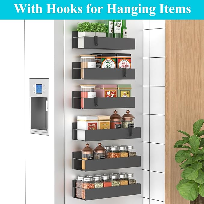 6 Pack Magnetic Spice Storage Rack Organizer for Refrigerator and Oven, Dark Gray Fridge Organizers and Storage